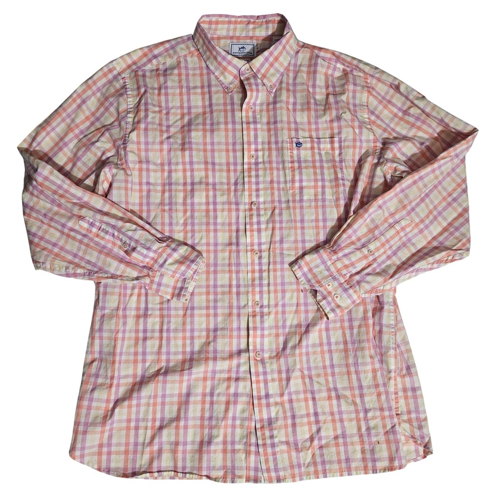 Southern Tide Mens Classic Fit Plaid Button Down Shirt Pink Orange Yellow Cotton